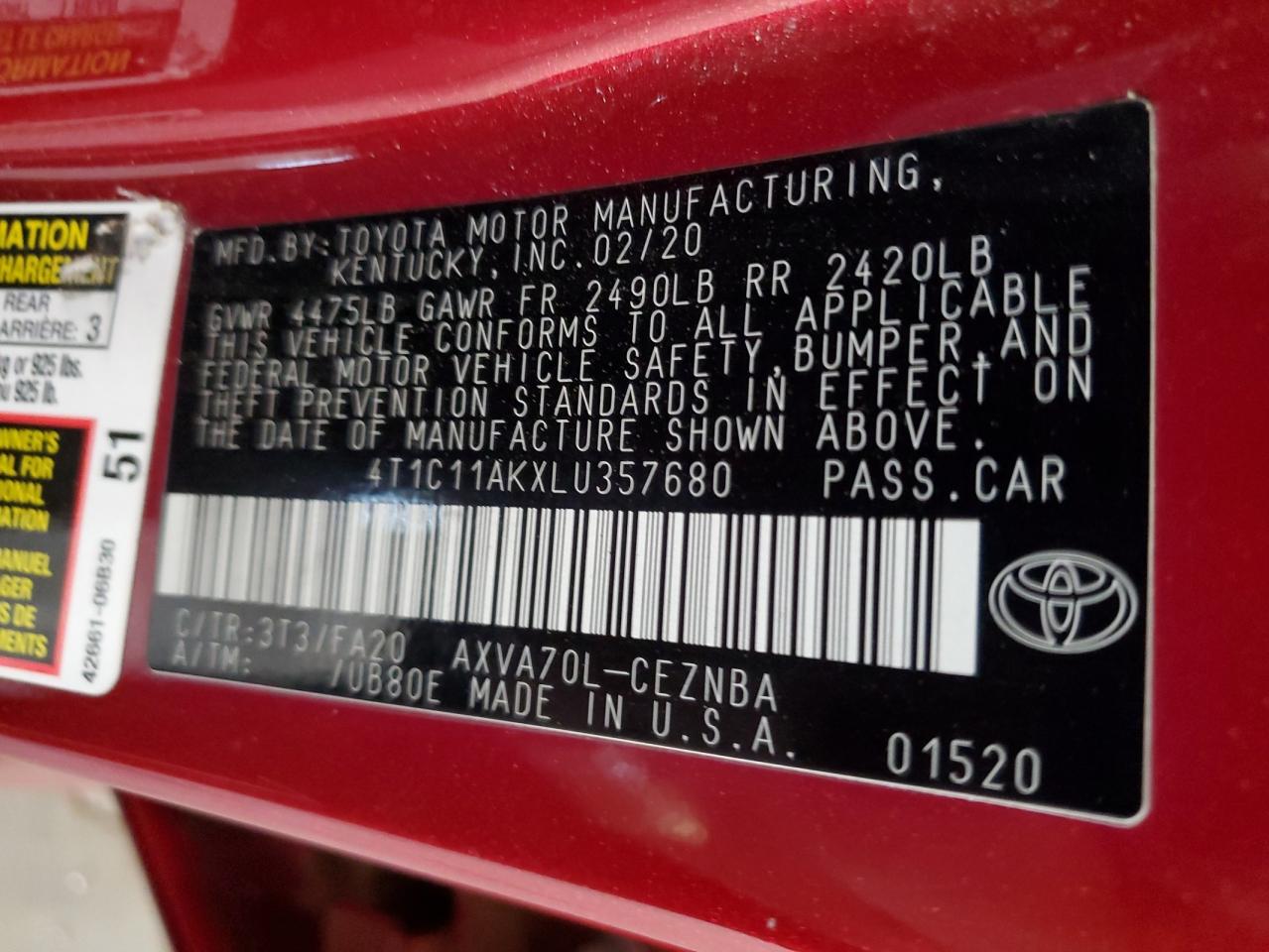 2020 Toyota Camry VIN 4T1C11AKXLU357680 Copart auction photo, front end damage thumbnail 13