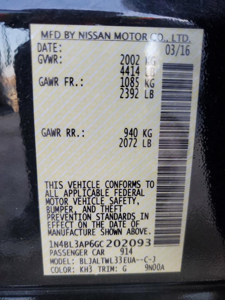 2016 Nissan Altima VIN 1N4BL3AP6GC202093 Copart auction photo, rear end damage thumbnail 13