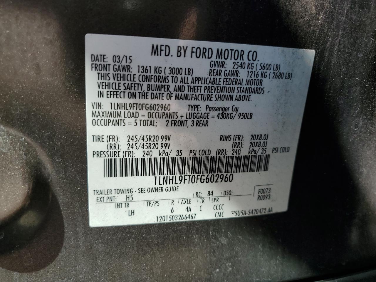 2015 Lincoln MKS VIN 1LNHL9FT0FG602960 Copart auction photo, front end damage thumbnail 13