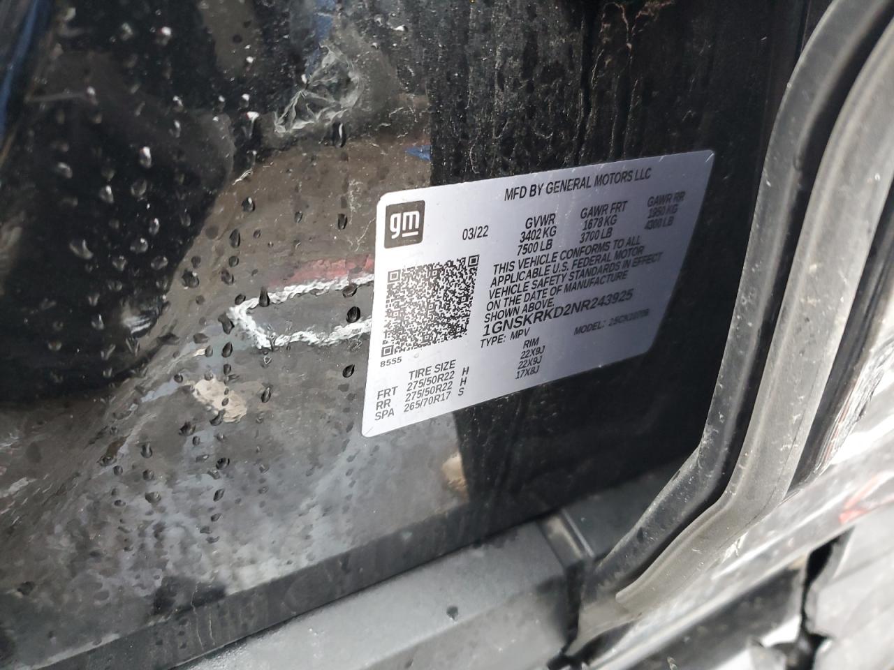2022 Chevrolet Tahoe VIN 1GNSKRKD2NR243925 Copart auction photo, side / rear end damage thumbnail 13