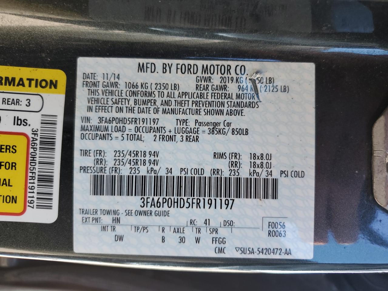 2015 Ford Fusion VIN 3FA6P0HD5FR191197 Copart auction photo, front end / side damage thumbnail 12