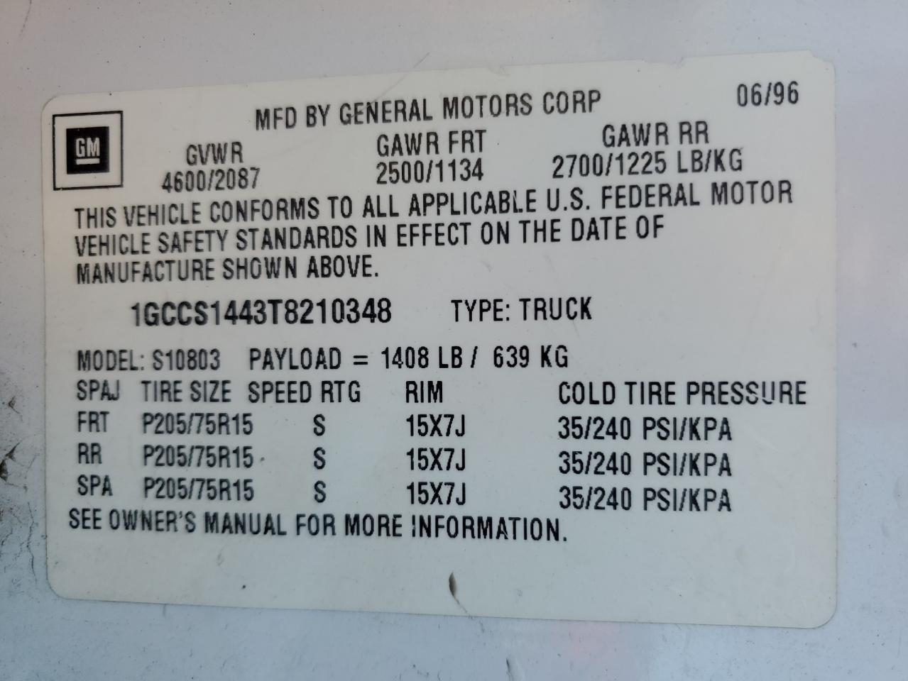 1996 Chevrolet S-10 Pickup VIN 1GCCS1443T8210348 Copart auction photo, rear end / hail damage thumbnail 12