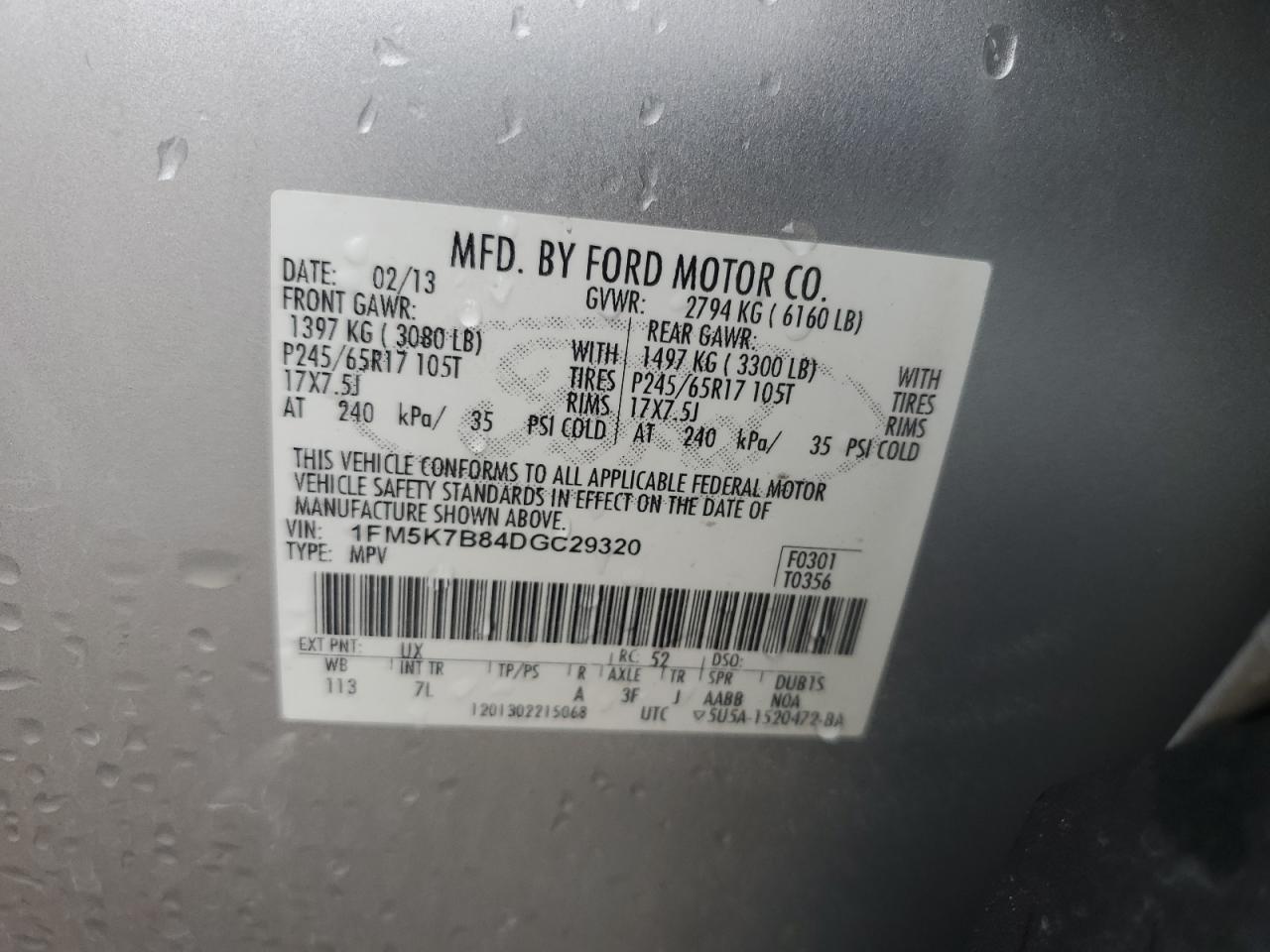 2013 Ford Explorer VIN 1FM5K7B84DGC29320 Copart auction photo, front end damage thumbnail 12