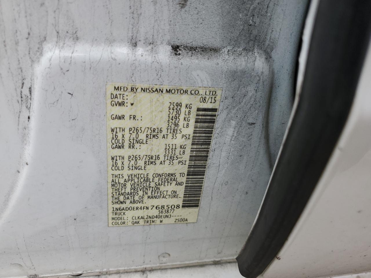 2015 Nissan Navara (Frontier) VIN 1N6AD0ER4FN768508 Copart auction photo, front end damage thumbnail 12