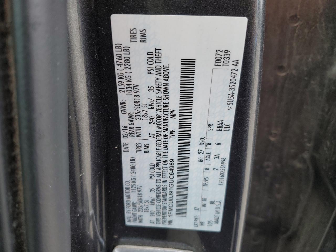 2016 Ford Escape VIN 1FMCU0J91GUC64969 Copart auction photo, rear end / side damage thumbnail 15