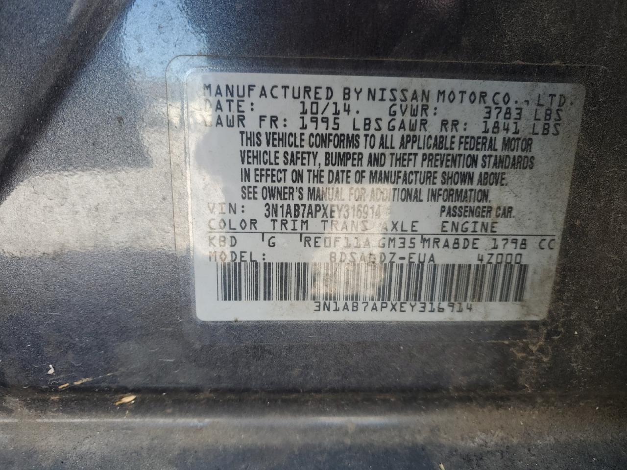 2014 Nissan Sentra VIN 3N1AB7APXEY316914 Copart auction photo, front end damage thumbnail 14