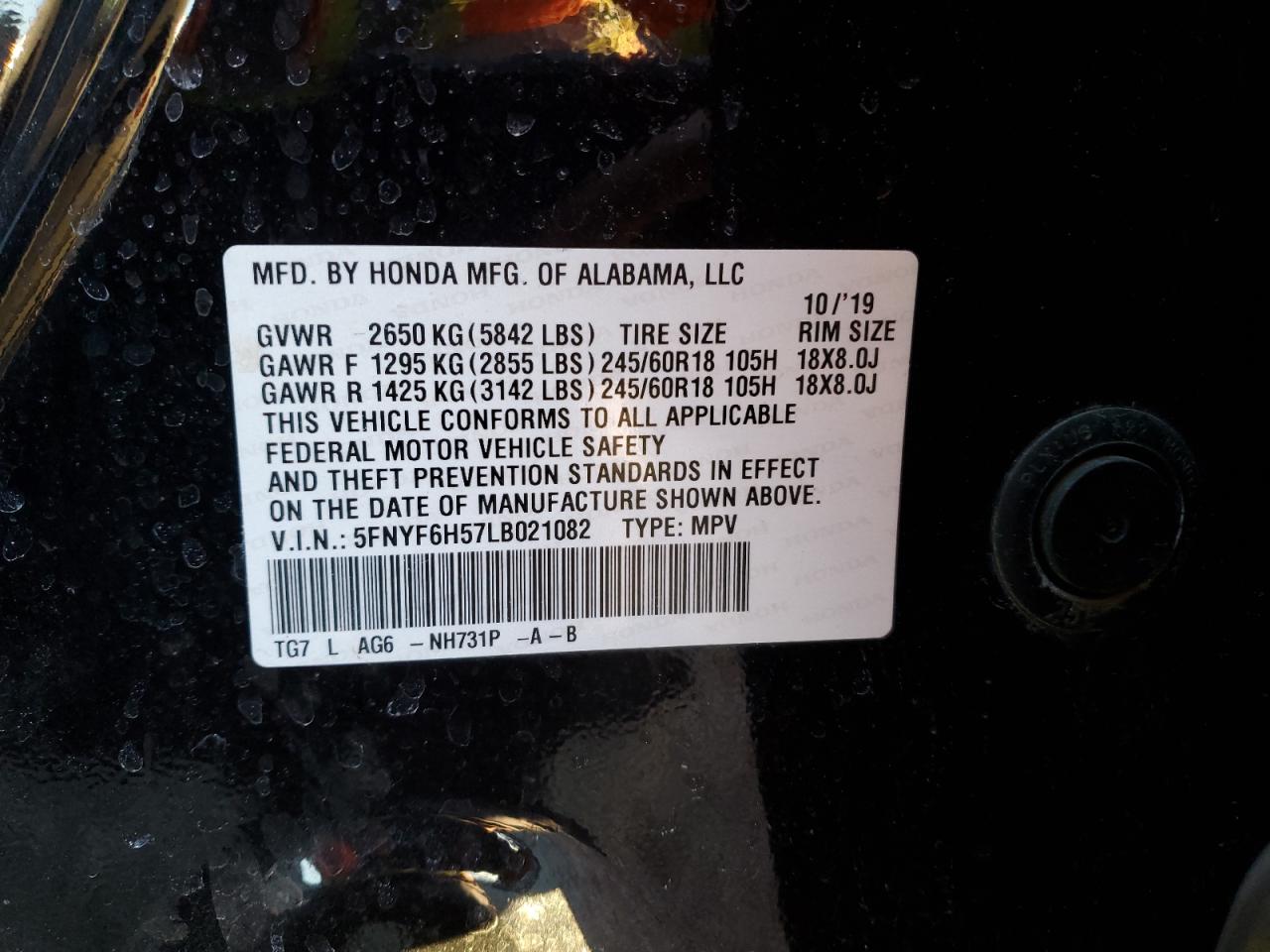 2020 Honda Pilot VIN 5FNYF6H57LB021082 Copart auction photo, front end / minor dent/scratches damage thumbnail 13
