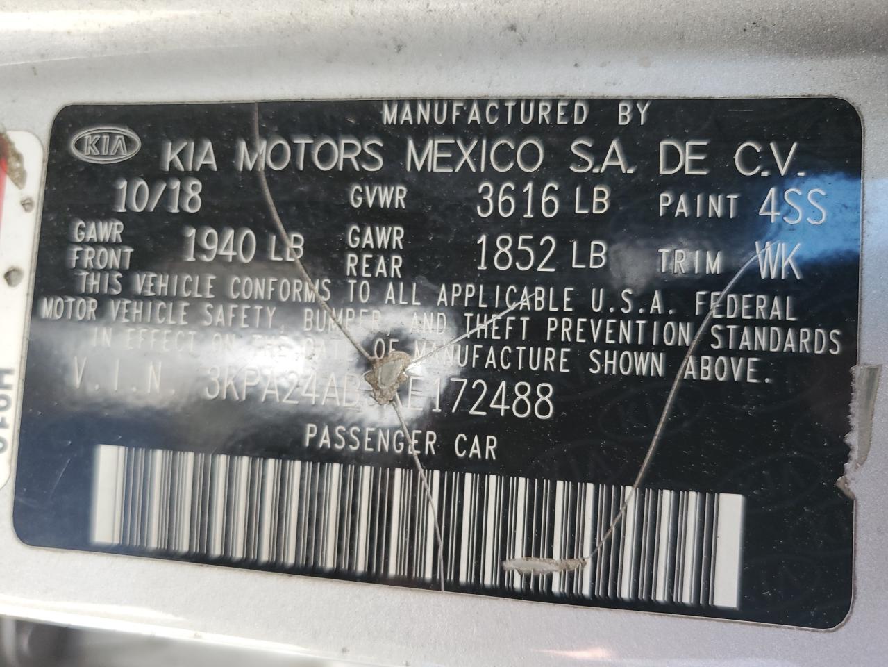 2019 KIA Rio VIN 3KPA24AB3KE172488 Copart auction photo, front end / hail damage thumbnail 12