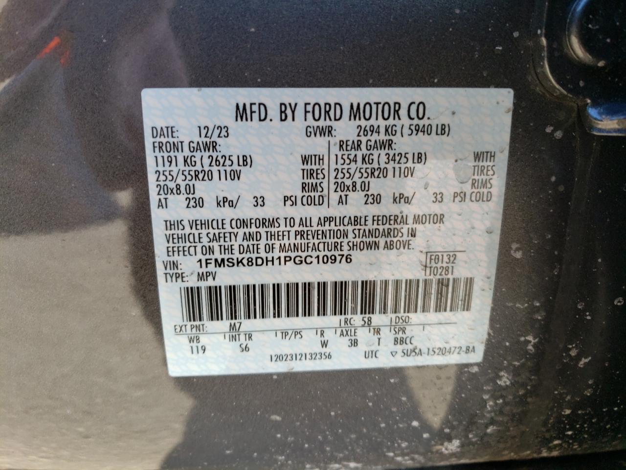 2023 Ford Explorer VIN 1FMSK8DH1PGC10976 Copart auction photo, front end / side damage thumbnail 15
