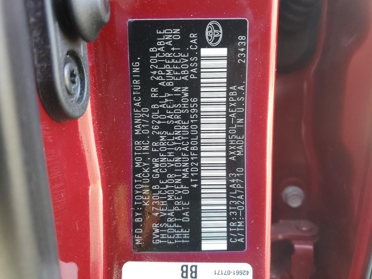 2020 Toyota Avalon VIN 4T1D21FB0LU015956 Copart auction photo, front end damage thumbnail 12