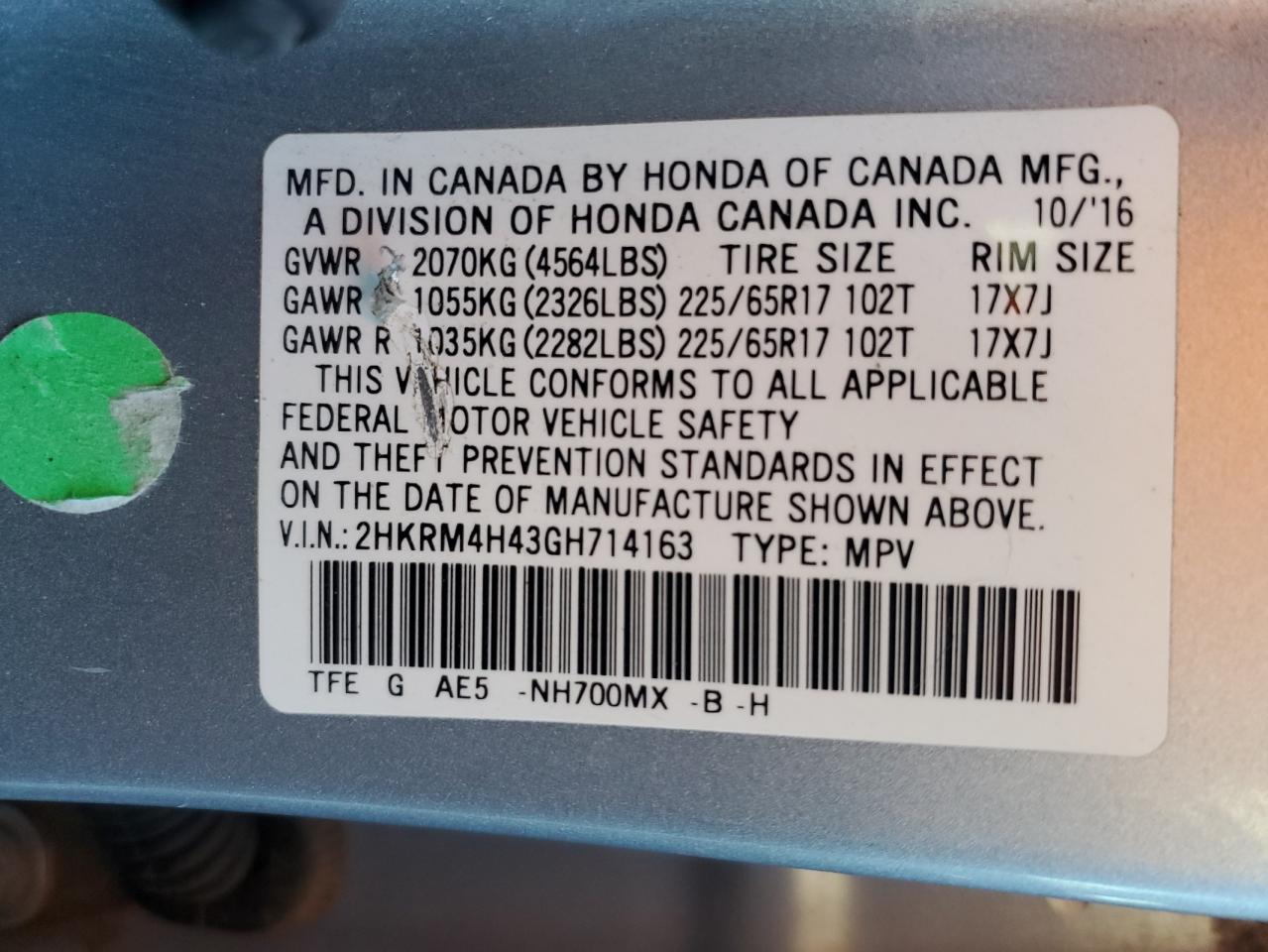 2016 Honda CR-V VIN 2HKRM4H43GH714163 Copart auction photo, front end damage thumbnail 13