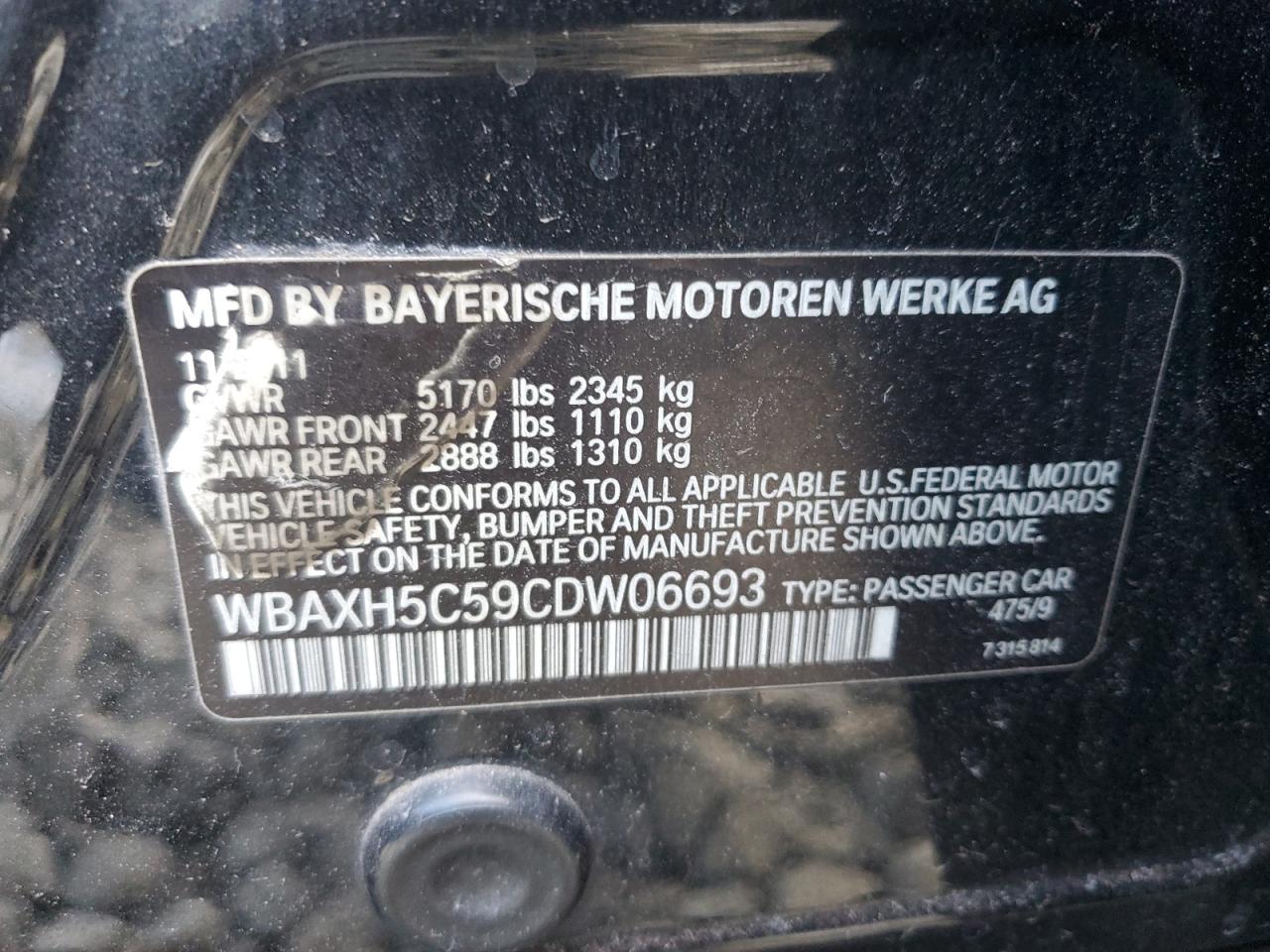 2012 BMW 5er VIN WBAXH5C59CDW06693 Copart auction photo, front end / rear end damage thumbnail 15