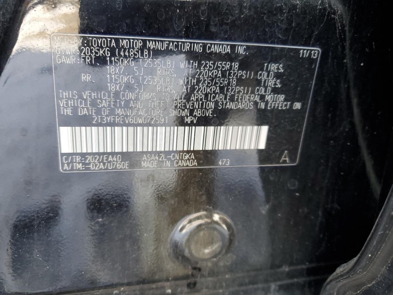 2013 Toyota RAV 4 VIN 2T3YFREV6DW072591 Copart auction photo, front end damage thumbnail 13