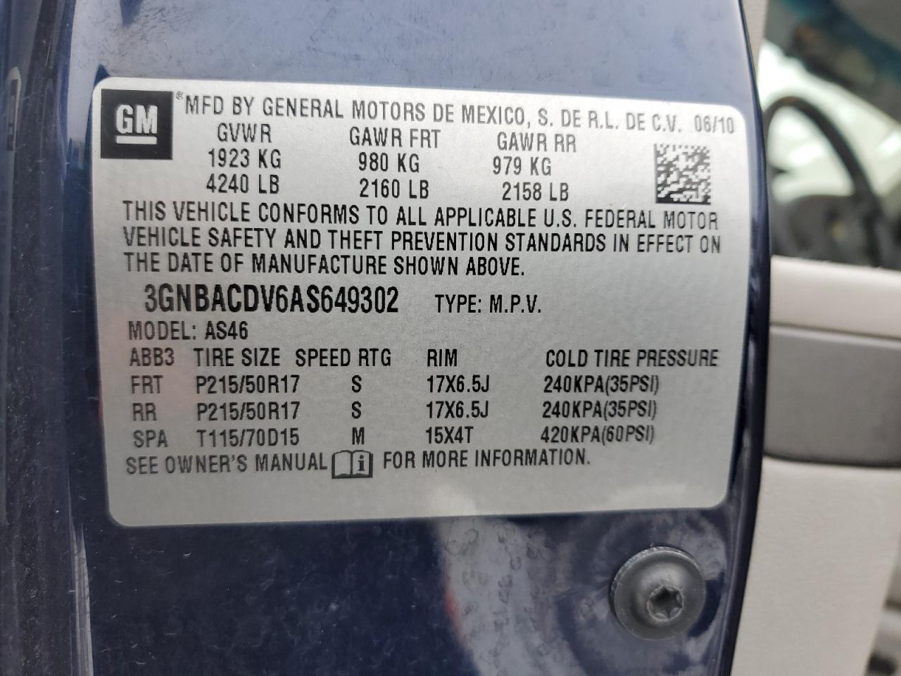 2010 Chevrolet HHR VIN 3GNBACDV6AS649302 Copart auction photo, front end damage thumbnail 12