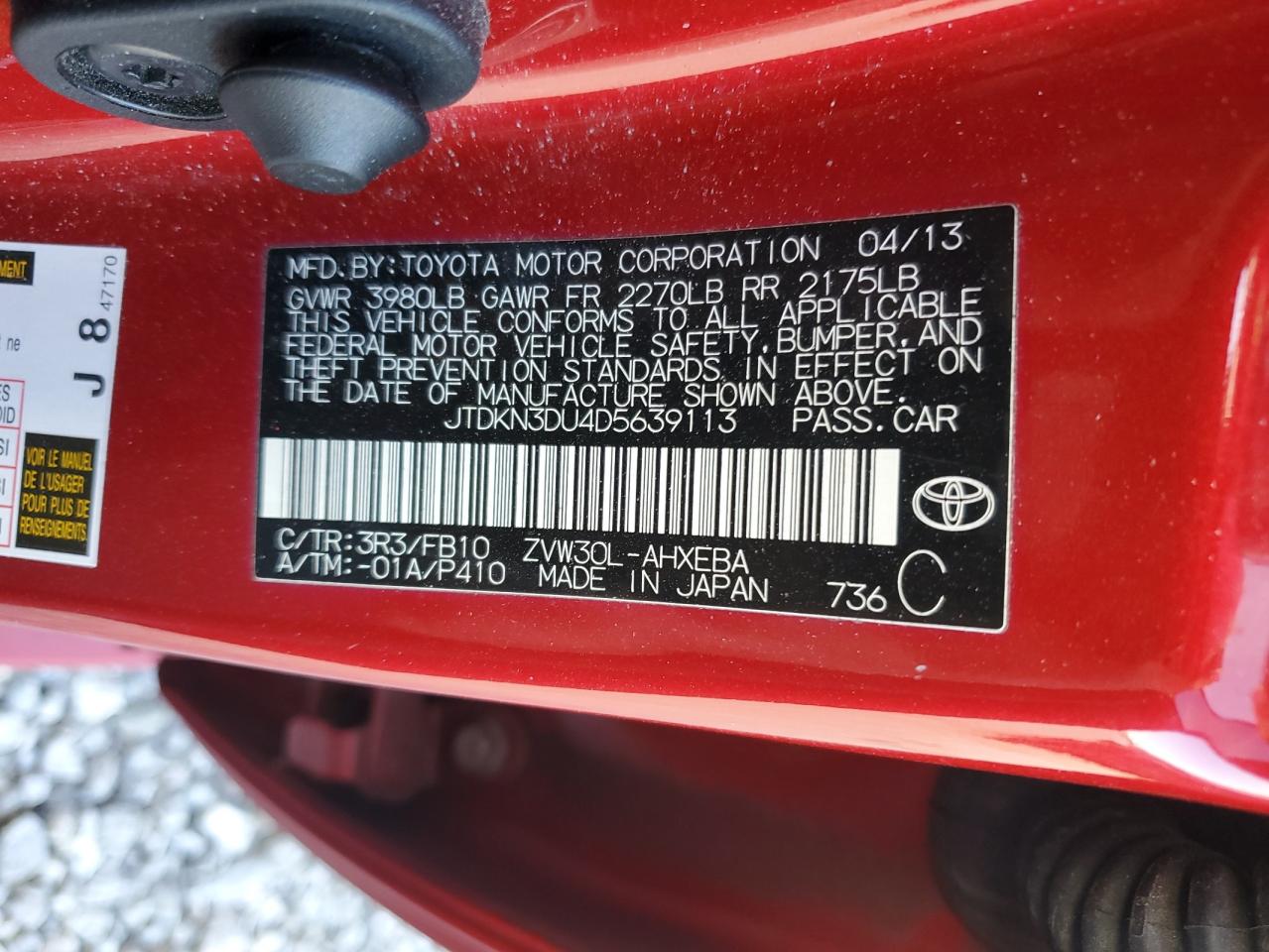 2013 Toyota Prius VIN JTDKN3DU4D5639113 Copart auction photo, front end / side damage thumbnail 12