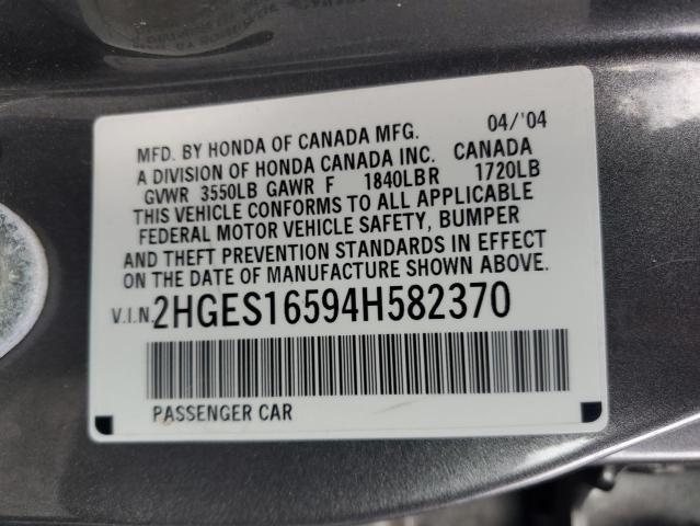 2004 Honda Civic VIN 2HGES16594H582370 Copart auction photo, side / undercarriage damage thumbnail 12