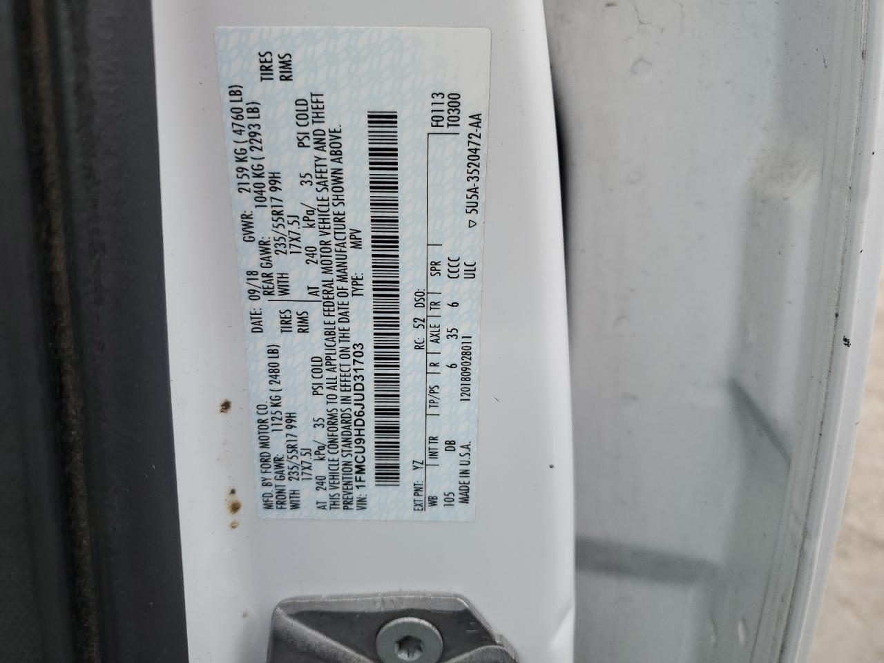 2018 Ford Escape VIN 1FMCU9HD6JUD31703 Copart auction photo, minor dent/scratches damage thumbnail 12