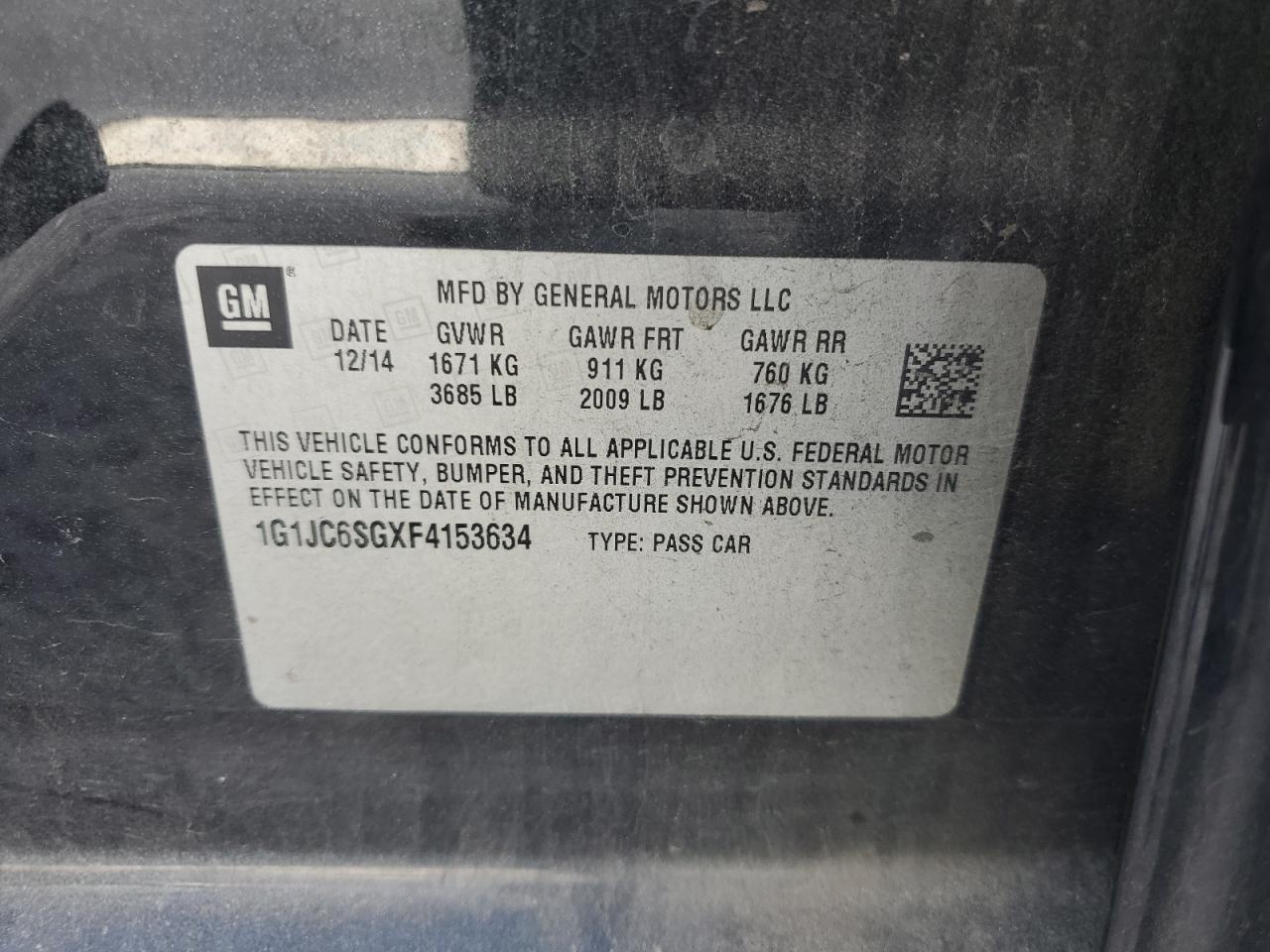 2015 Chevrolet Sonic VIN 1G1JC6SGXF4153634 Copart auction photo, all over damage thumbnail 14