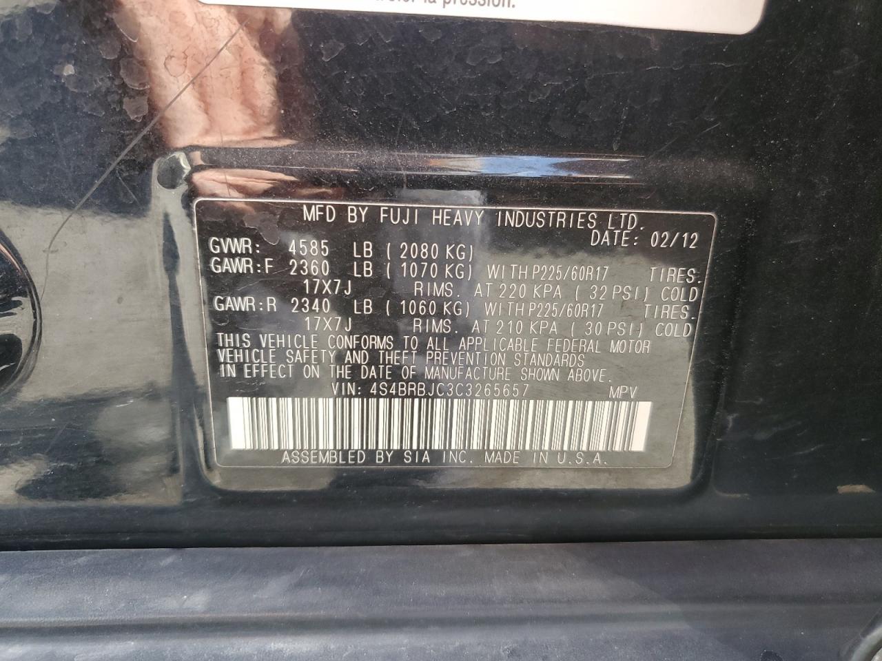 2012 Subaru Outback VIN 4S4BRBJC3C3265657 Copart auction photo, minor dent/scratches damage thumbnail 13