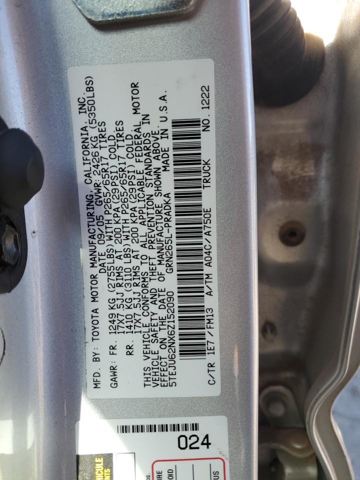 2006 Toyota Tacoma VIN 5TEJU62NX6Z152090 Copart auction photo, front end damage thumbnail 15