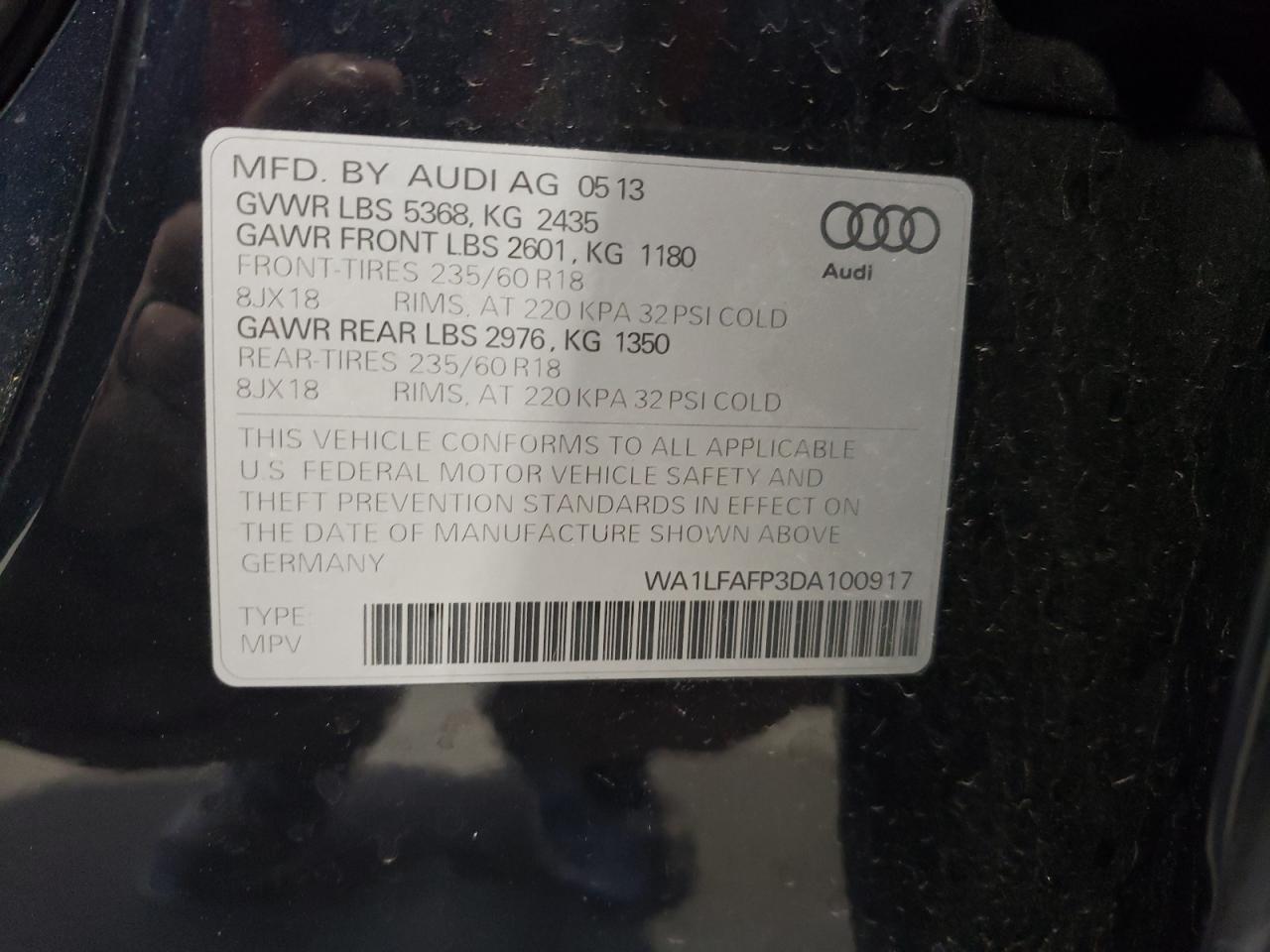 2013 Audi Q5 VIN WA1LFAFP3DA100917 Copart auction photo, rear end / minor dent/scratches damage thumbnail 13