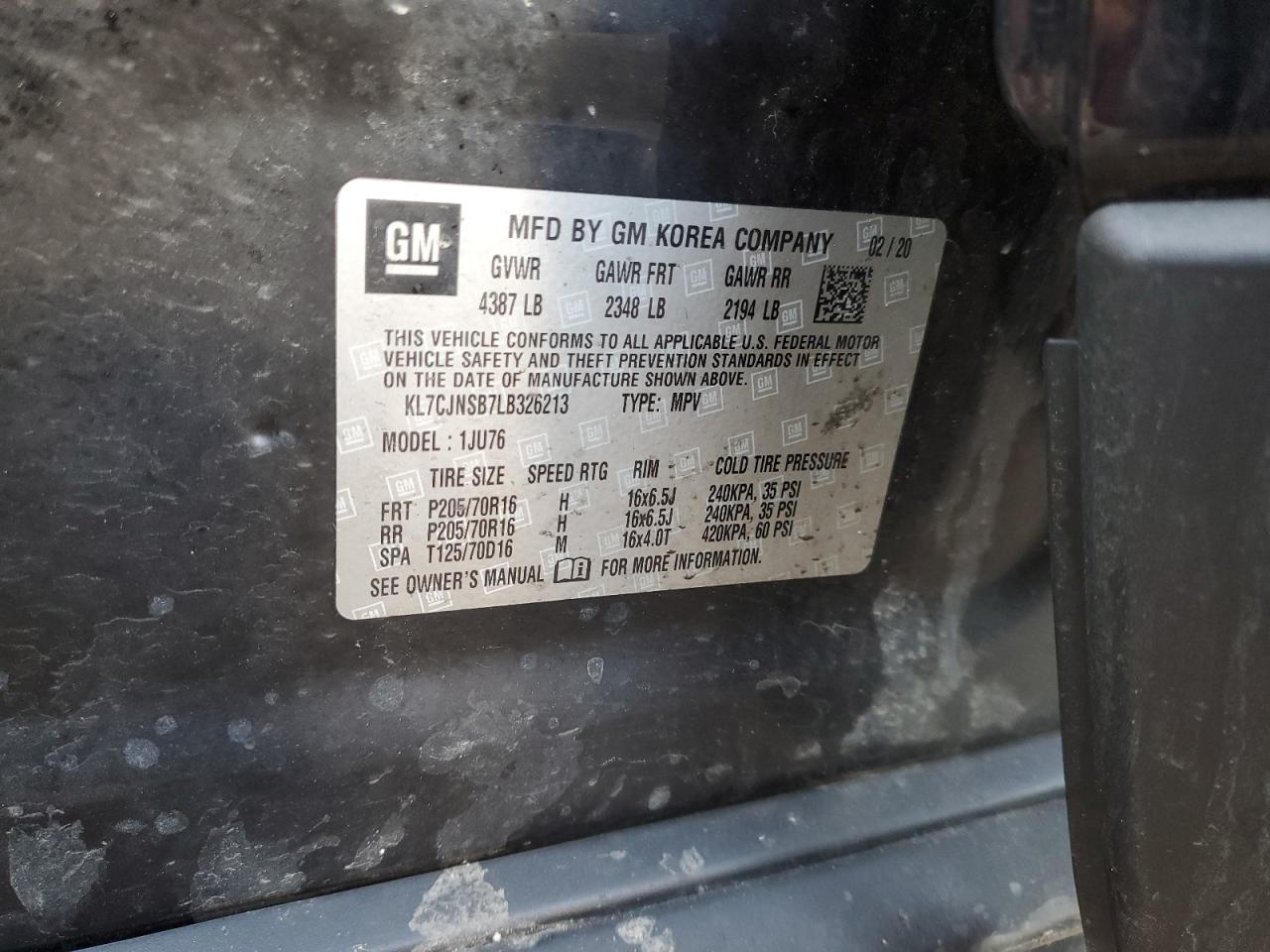 2020 Chevrolet Trax VIN KL7CJNSB7LB326213 Copart auction photo, front end damage thumbnail 13