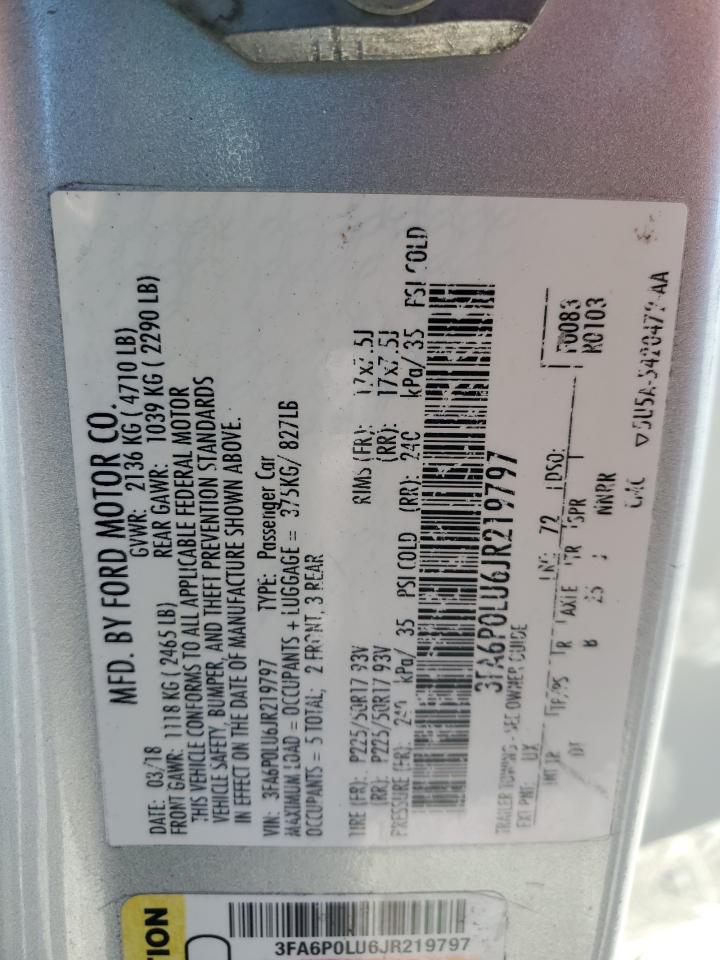 2018 Ford Fusion VIN 3FA6P0LU6JR219797 Copart auction photo, rear end / side damage thumbnail 12
