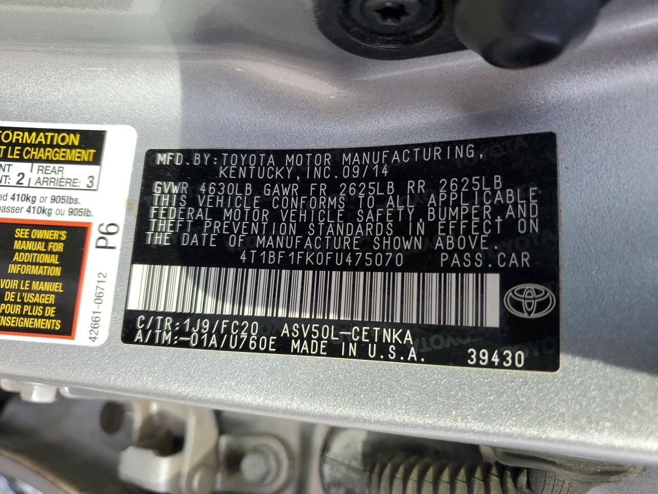 2015 Toyota Camry VIN 4T1BF1FK0FU475070 Copart auction photo, rear end damage thumbnail 12