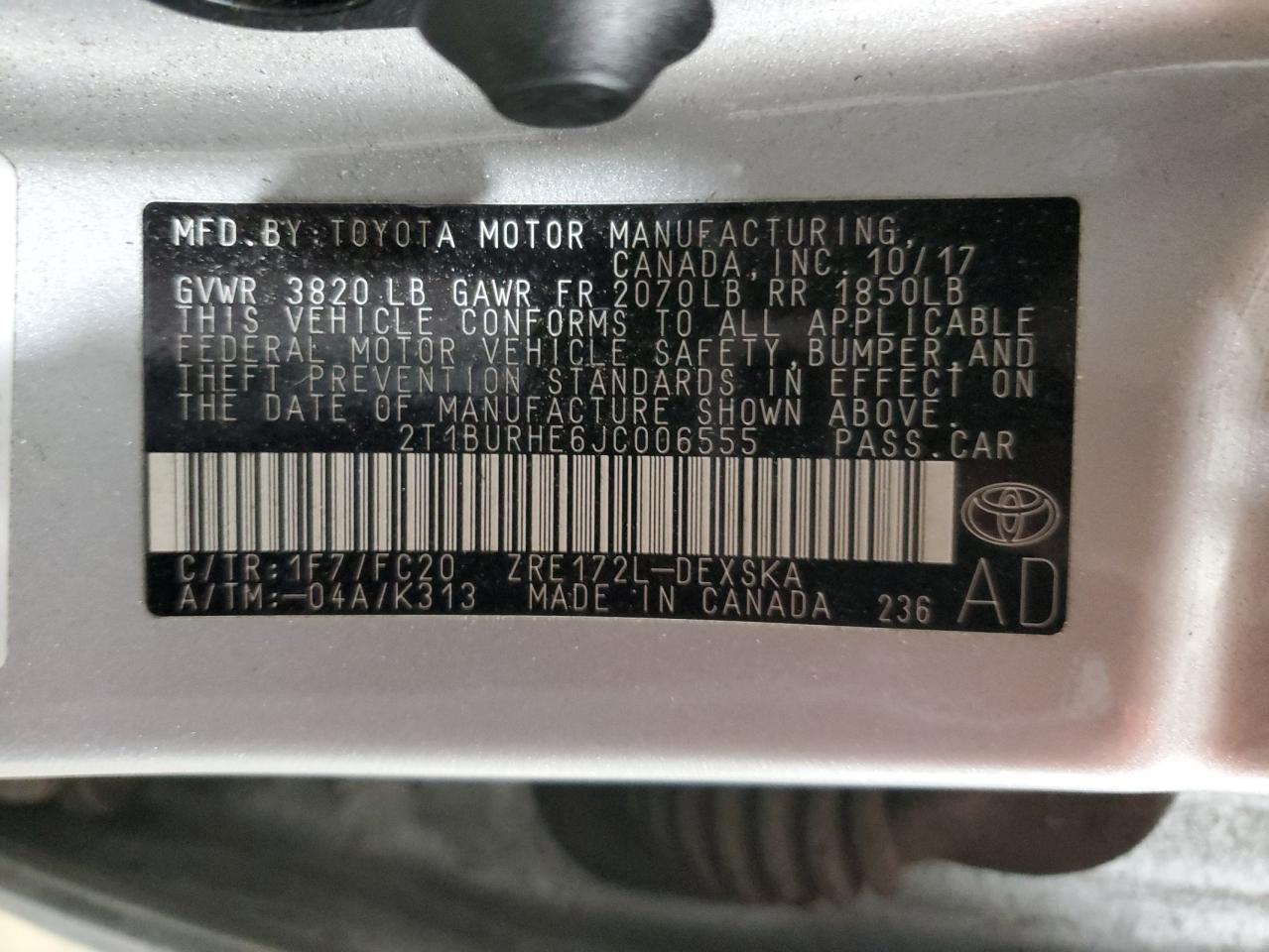 2018 Toyota Corolla VIN 2T1BURHE6JC006555 Copart auction photo, rear end damage thumbnail 12