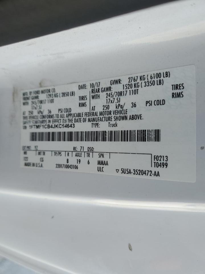 2018 Ford F-150 VIN 1FTMF1CB4JKC54643 Copart auction photo, front end / minor dent/scratches damage thumbnail 14