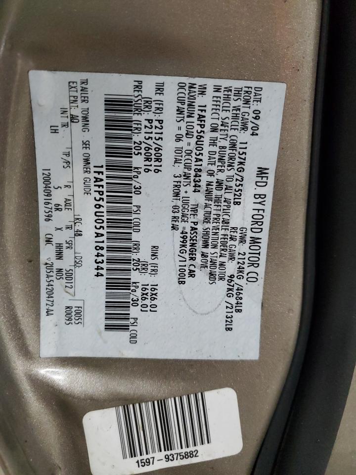 2005 Ford Taurus VIN 1FAFP56U05A184344 Copart auction photo, side / rear end damage thumbnail 12