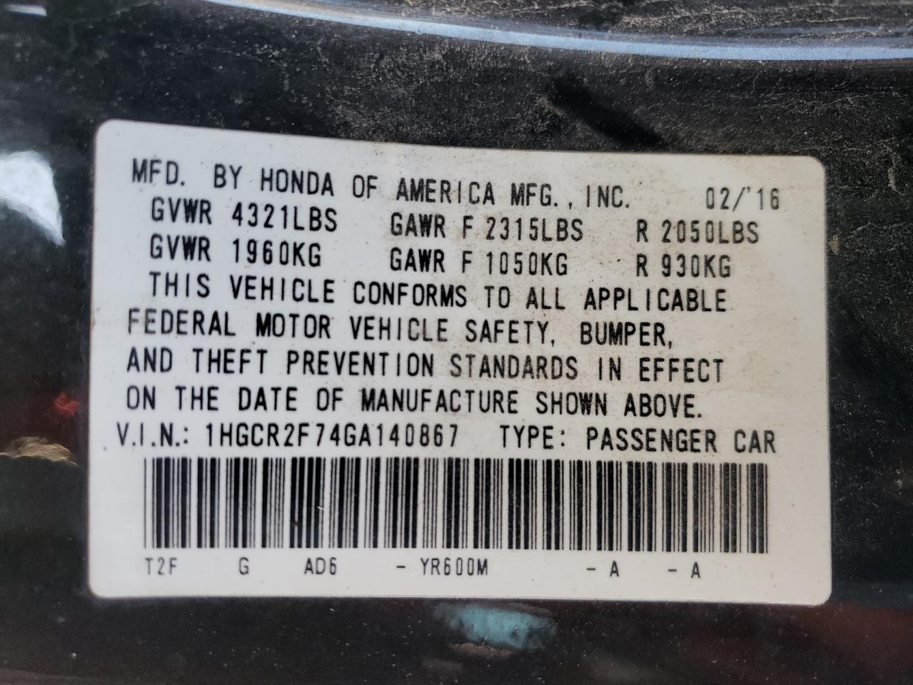 2016 Honda Accord VIN 1HGCR2F74GA140867 Copart auction photo, front end / side damage thumbnail 12