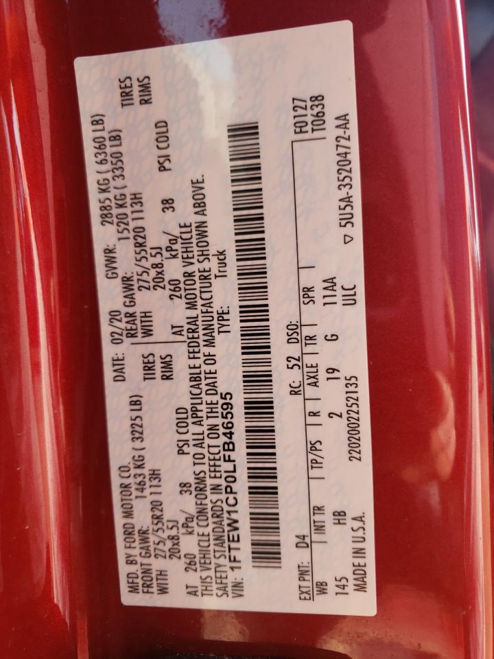 2020 Ford F-150 VIN 1FTEW1CP0LFB46595 Copart auction photo, side damage thumbnail 14