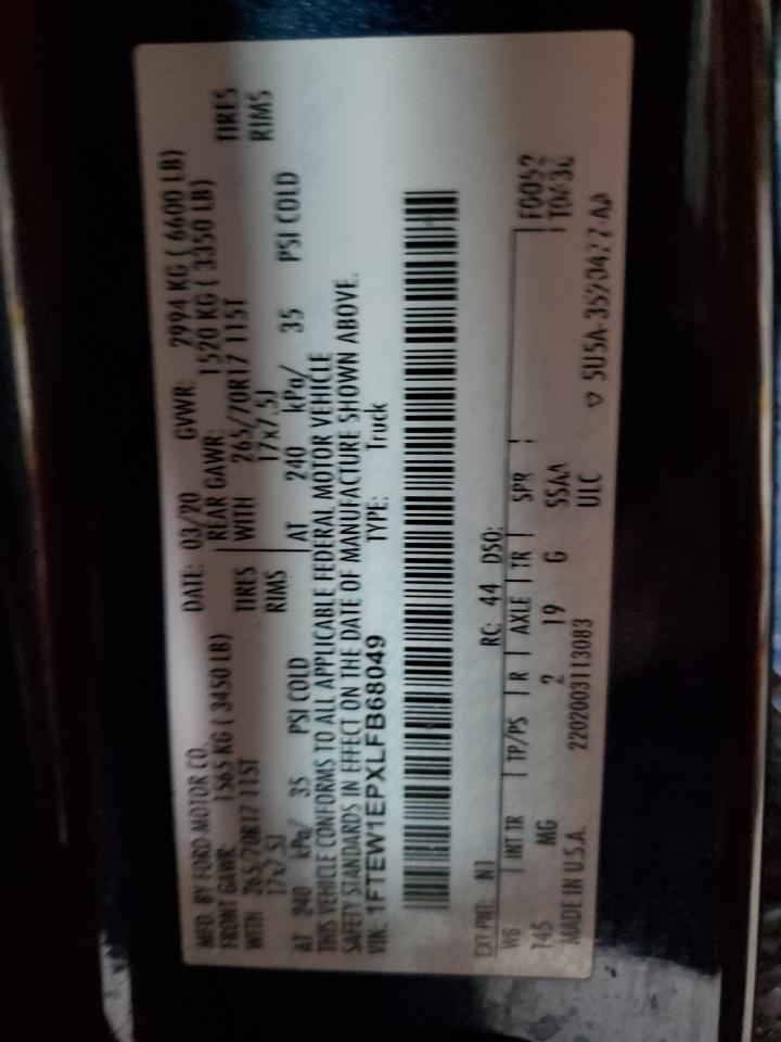 2020 Ford F-150 VIN 1FTEW1EPXLFB68049 Copart auction photo, front end / minor dent/scratches damage thumbnail 12