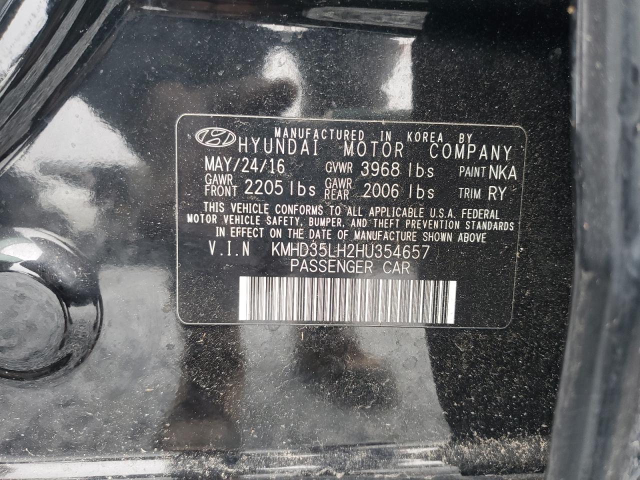 2017 Hyundai Elantra VIN KMHD35LH2HU354657 Copart auction photo, minor dent/scratches damage thumbnail 12