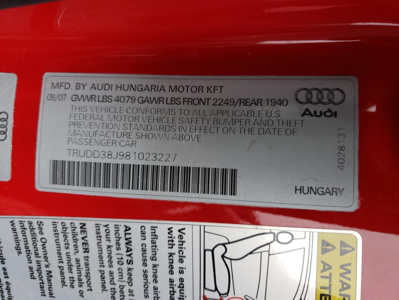2008 Audi TT VIN TRUDD38J981023227 Copart auction photo, side / minor dent/scratches damage thumbnail 12