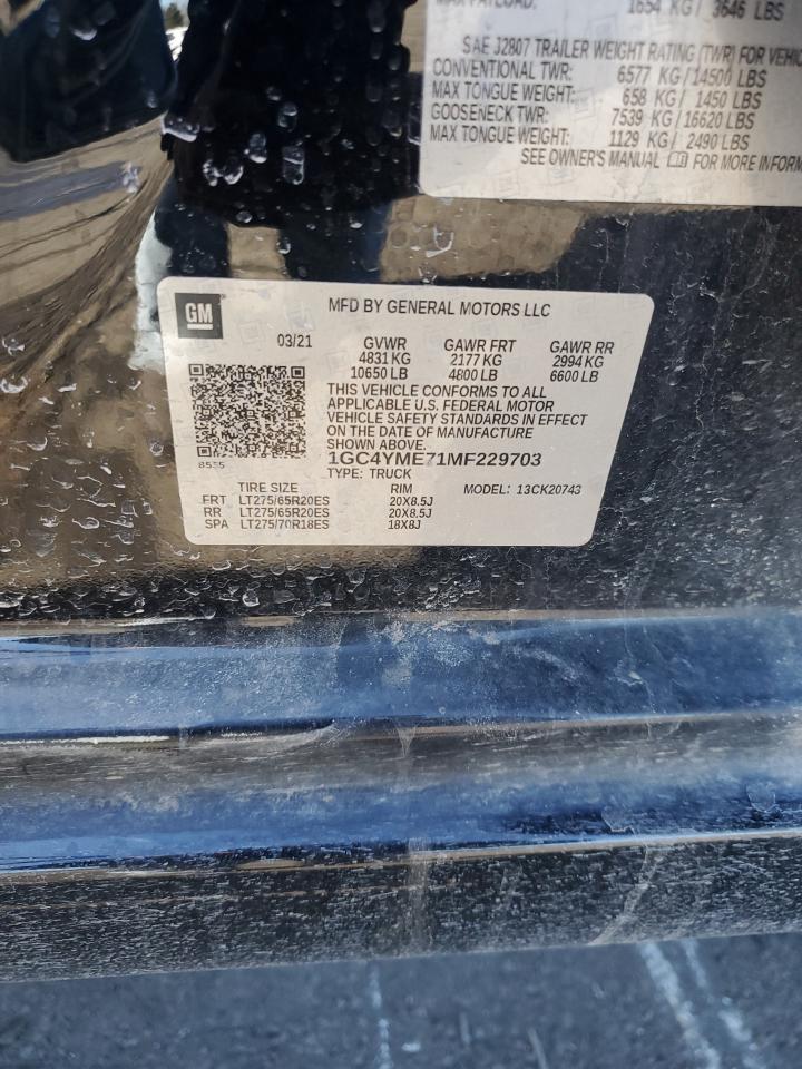 2021 Chevrolet Silverado VIN 1GC4YME71MF229703 Copart auction photo, rear end damage thumbnail 14
