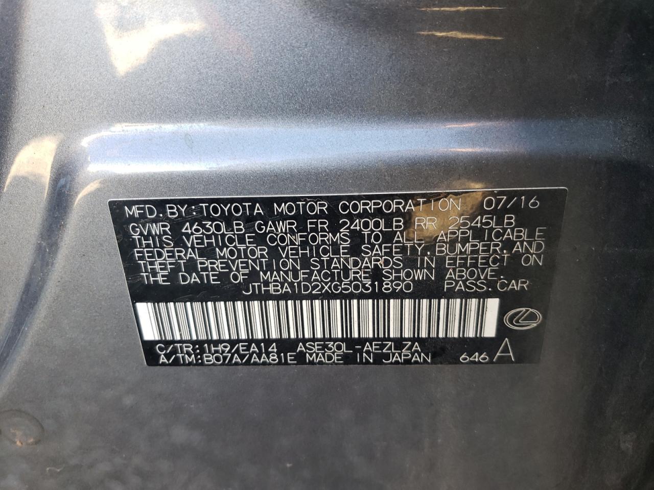 2016 Lexus IS VIN JTHBA1D2XG5031890 Copart auction photo, water/flood / rear end damage thumbnail 14