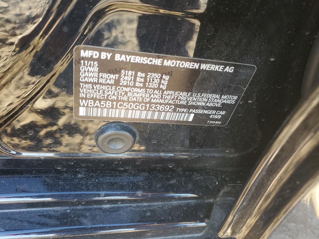 2016 BMW 5er VIN WBA5B1C50GG133692 Copart auction photo, all over damage thumbnail 15