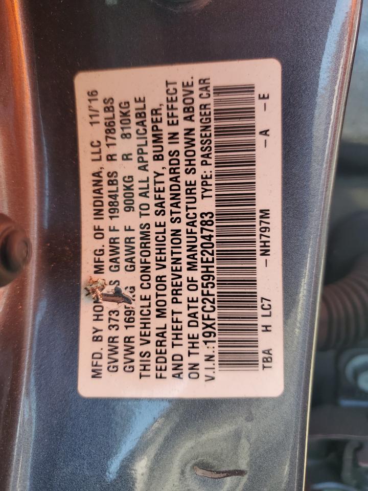 2017 Honda Civic VIN 19XFC2F59HE204783 Copart auction photo, rear end damage thumbnail 12