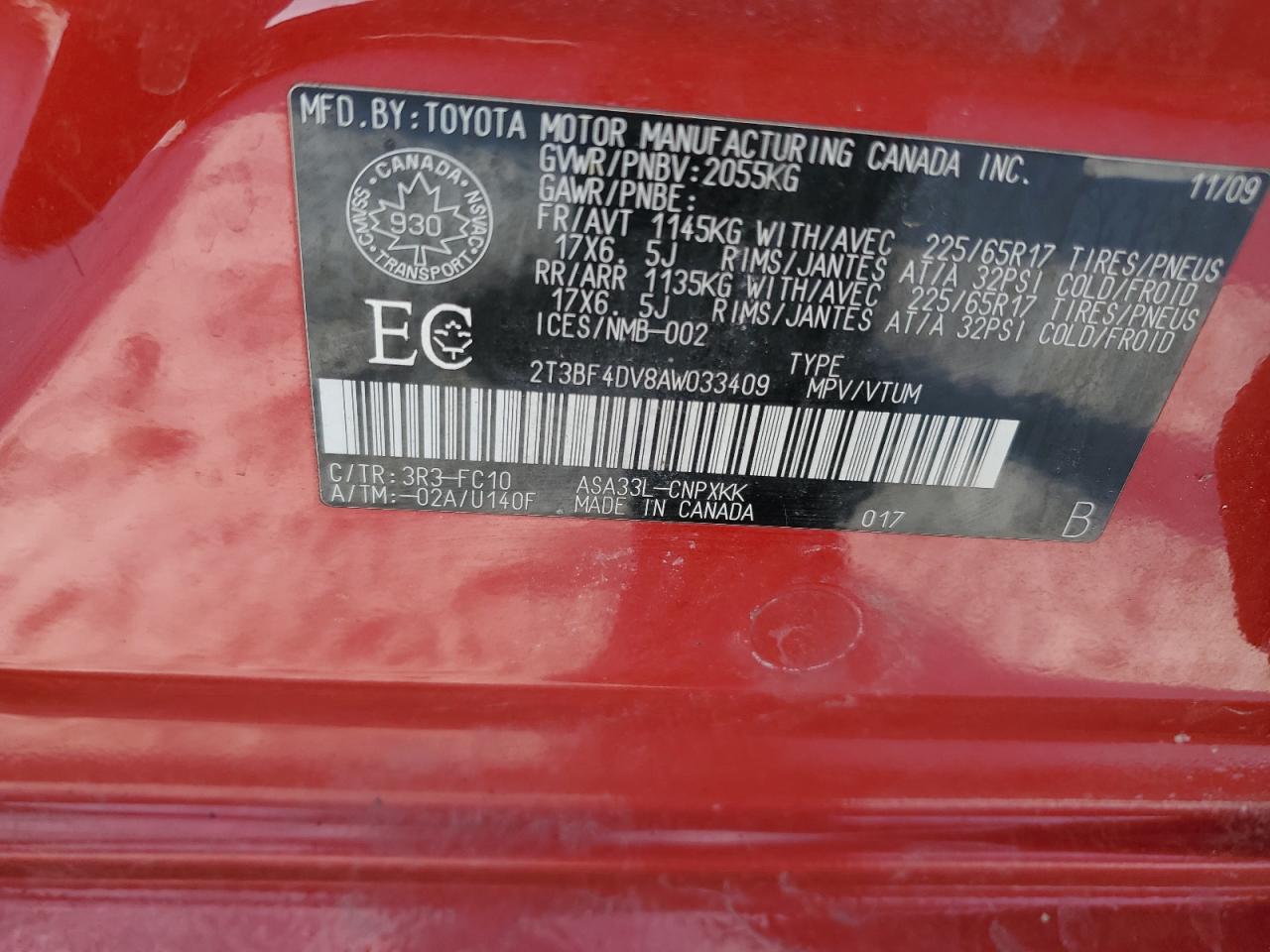2010 Toyota RAV 4 VIN 2T3BF4DV8AW033409 Copart auction photo, side damage thumbnail 13