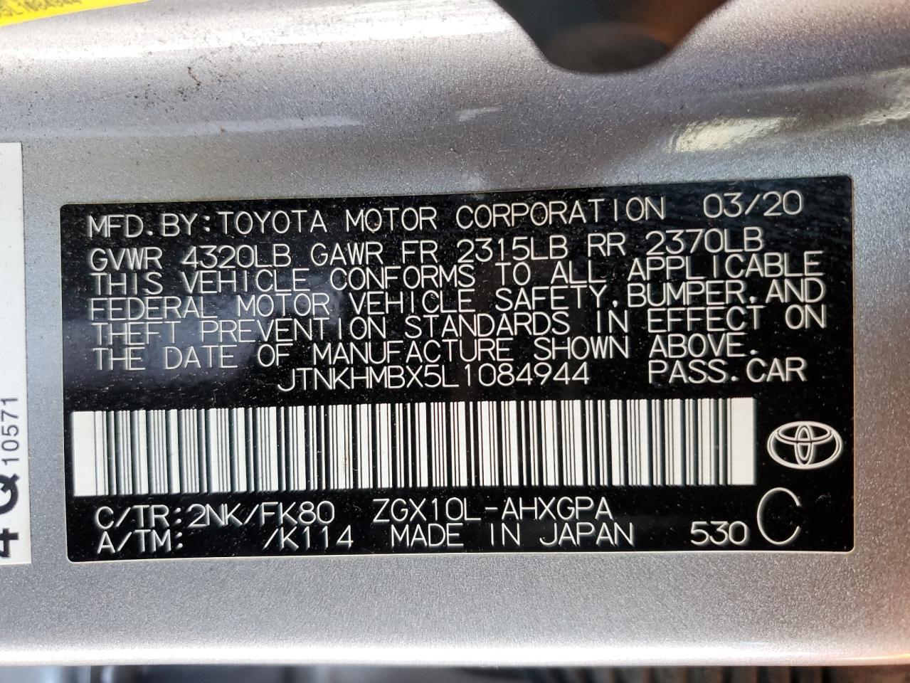 2020 Toyota C-HR VIN JTNKHMBX5L1084944 Copart auction photo, side / minor dent/scratches damage thumbnail 13