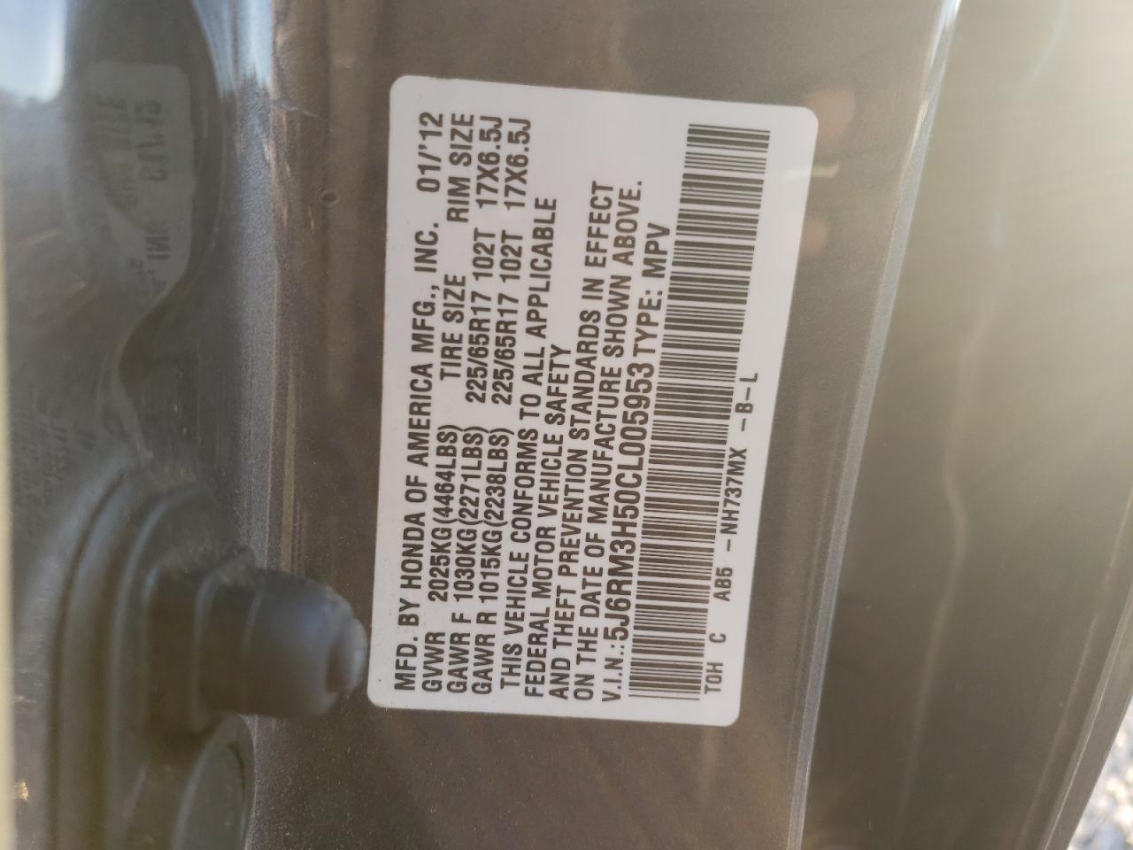 2012 Honda CR-V VIN 5J6RM3H50CL005953 Copart auction photo, rear end damage thumbnail 12