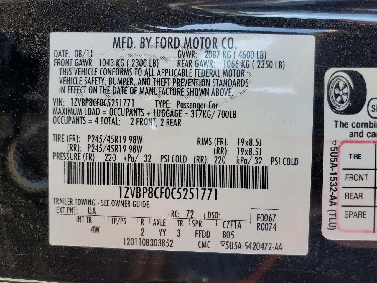2012 Ford Mustang VIN 1ZVBP8CF0C5251771 Copart auction photo, rear end damage thumbnail 12