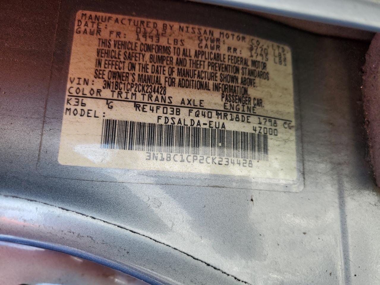 2012 Nissan Versa VIN 3N1BC1CP2CK234428 Copart auction photo, rear end damage thumbnail 13