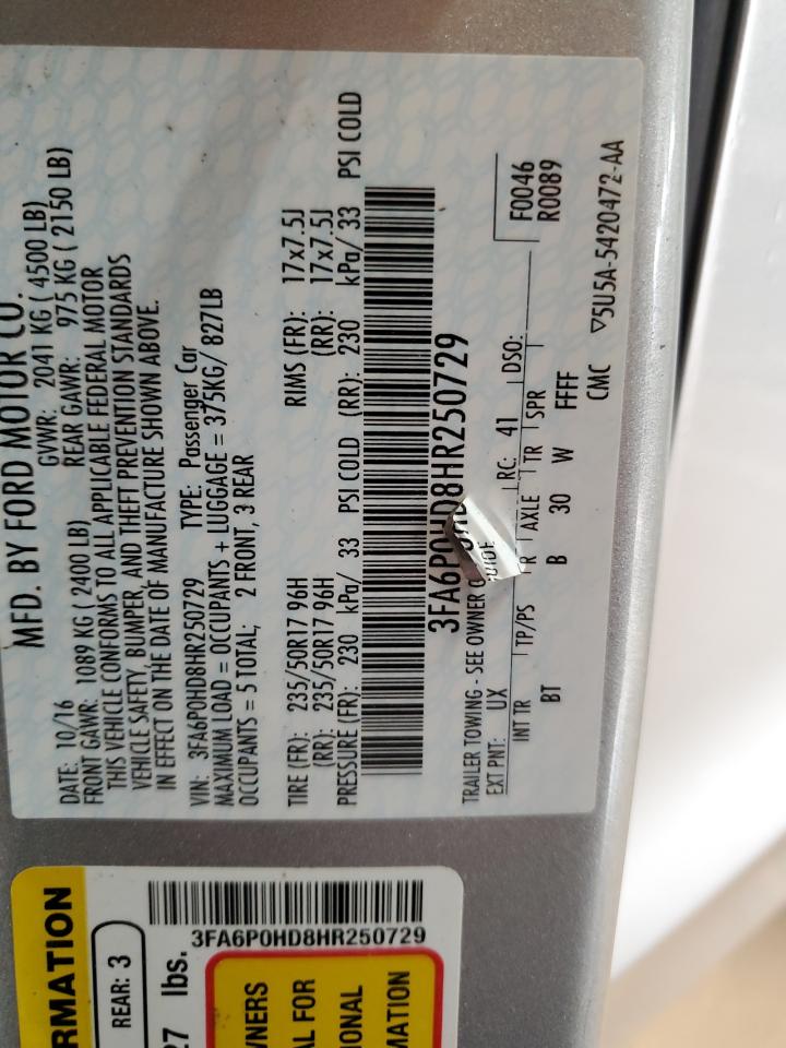 2017 Ford Fusion VIN 3FA6P0HD8HR250729 Copart auction photo, front end / rear end damage thumbnail 12