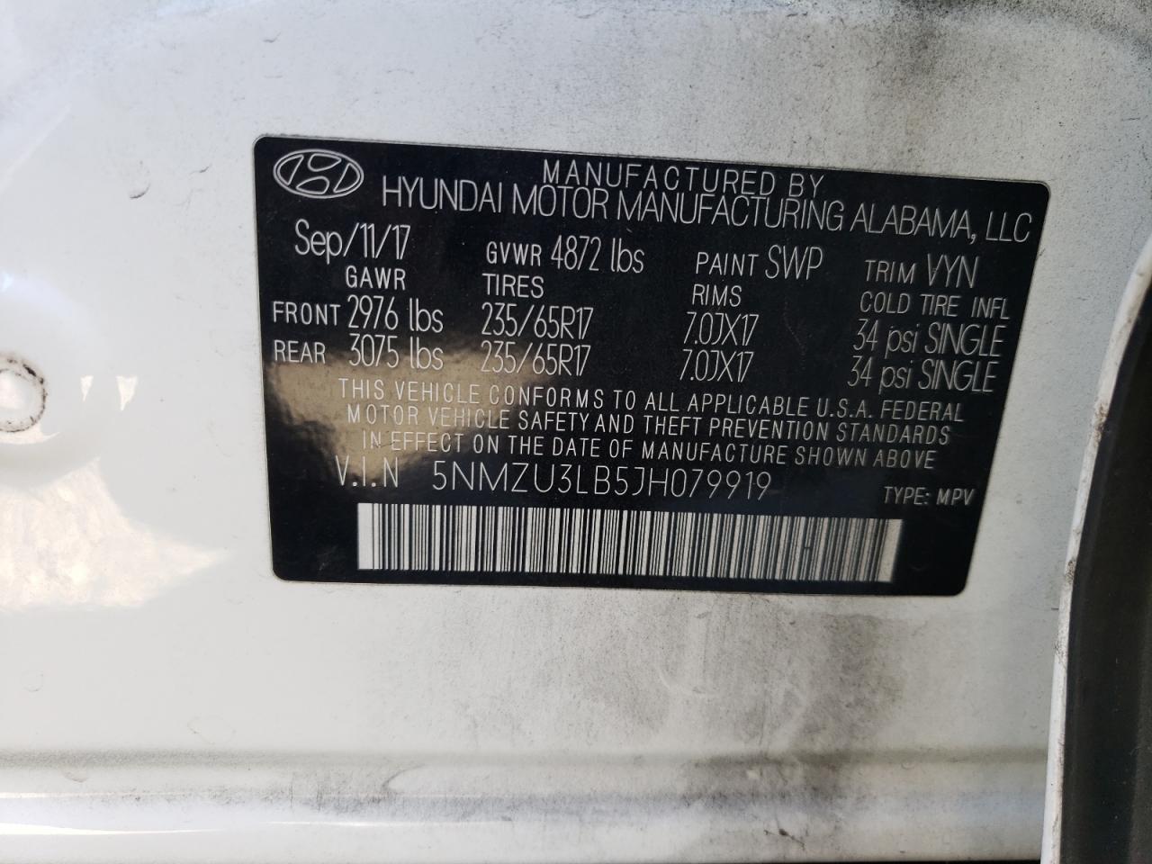 2018 Hyundai Santa Fe VIN 5NMZU3LB5JH079919 Copart auction photo, rear end damage thumbnail 12