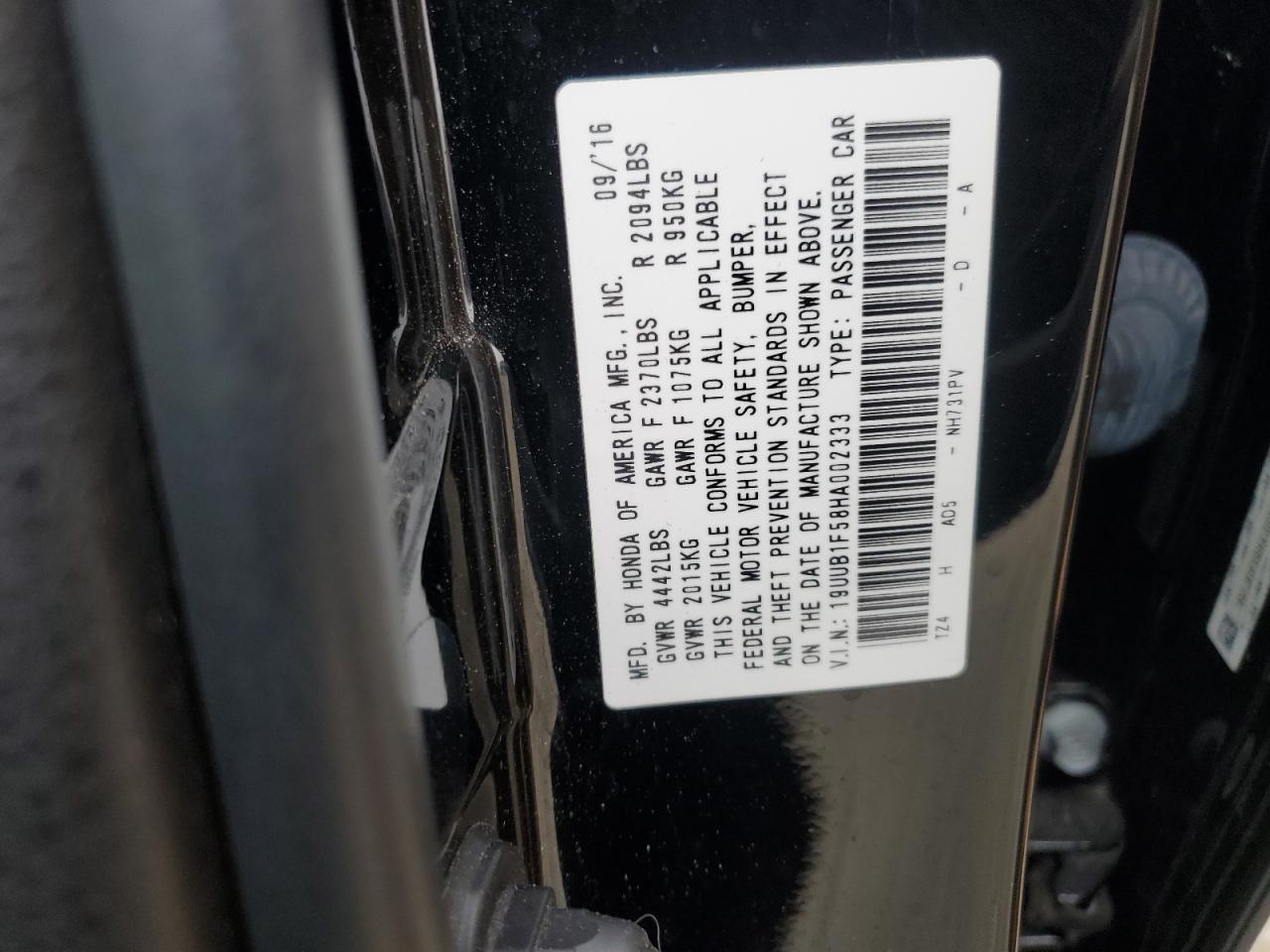 2017 Acura TLX VIN 19UUB1F58HA002333 Copart auction photo, rear end / front end damage thumbnail 15