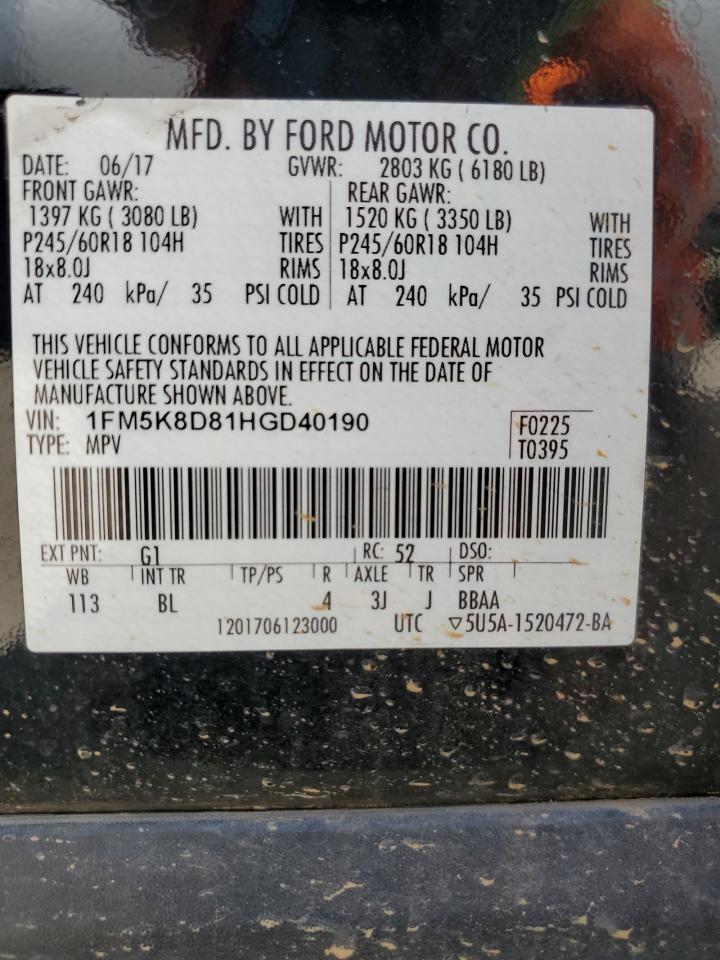 2017 Ford Explorer VIN 1FM5K8D81HGD40190 Copart auction photo, rear end damage thumbnail 13