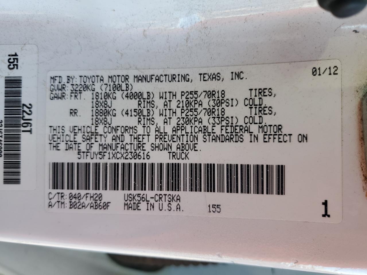2012 Toyota Tundra VIN 5TFUY5F1XCX230616 Copart auction photo, front end / side damage thumbnail 12